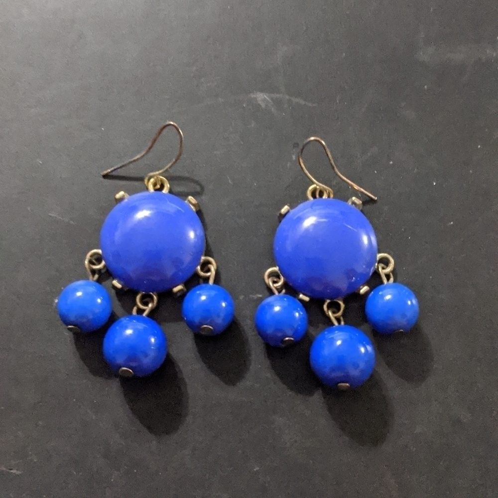 Gold Tone Blue Bauble Dangle Statement Earrings